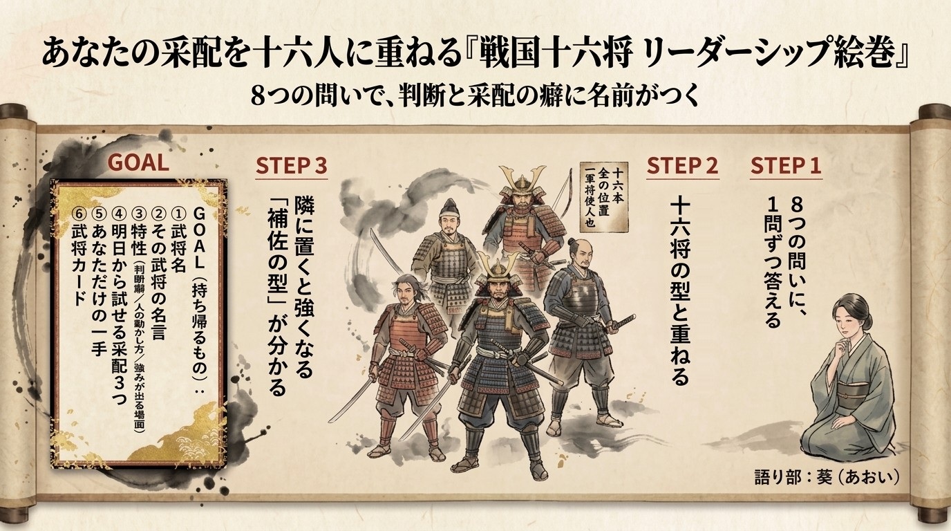 あなたの采配を十六人に重ねる『戦国十六将 リーダーシップ絵巻』